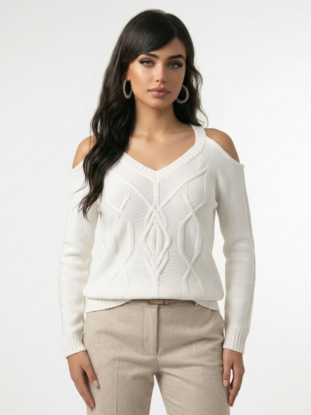 Guess White Cold-Shoulder Cable Knit V-Neck Sweater